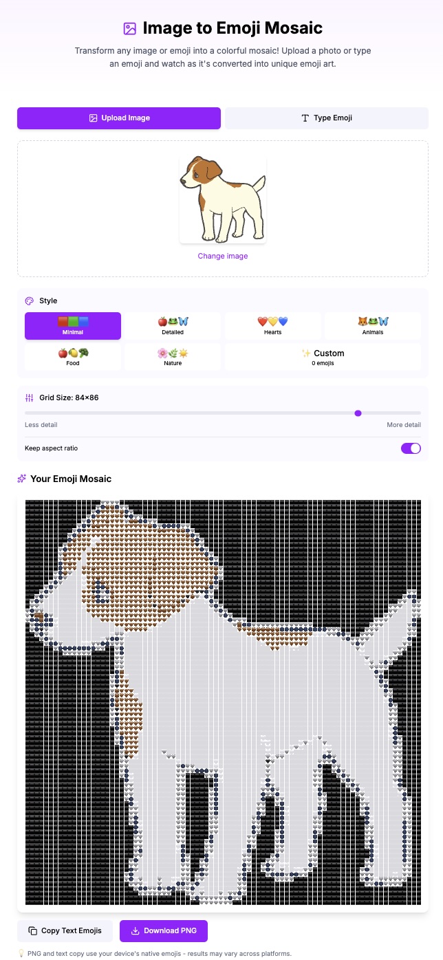Image to Emoji tool interface for creating emoji mosaics